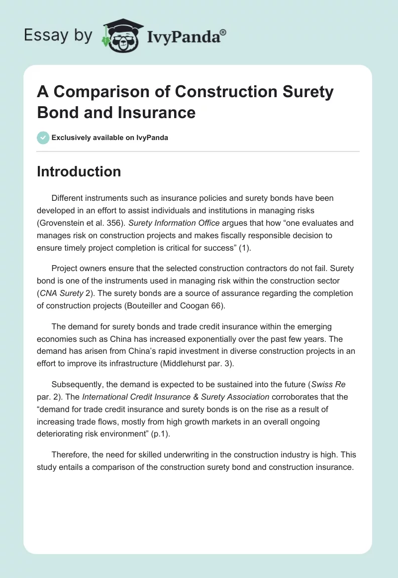 A Comparison of Construction Surety Bond and Insurance. Page 1