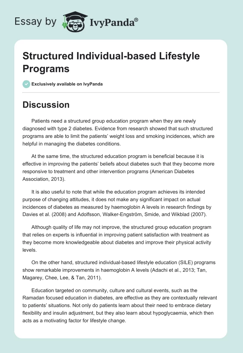 Structured Individual-based Lifestyle Programs. Page 1