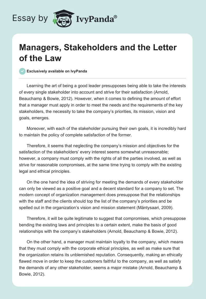 Managers, Stakeholders and the Letter of the Law. Page 1