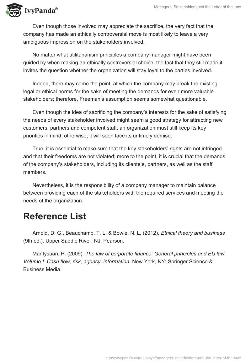 Managers, Stakeholders and the Letter of the Law. Page 2