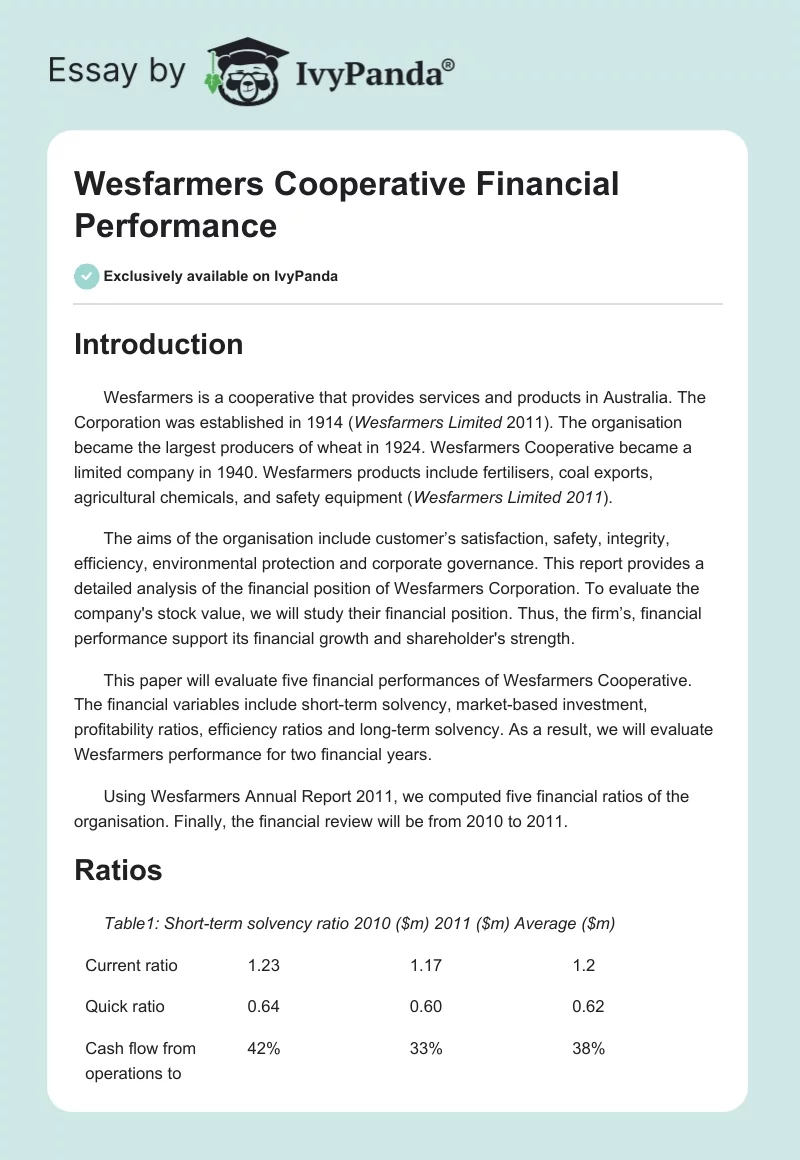Wesfarmers Cooperative Financial Performance. Page 1