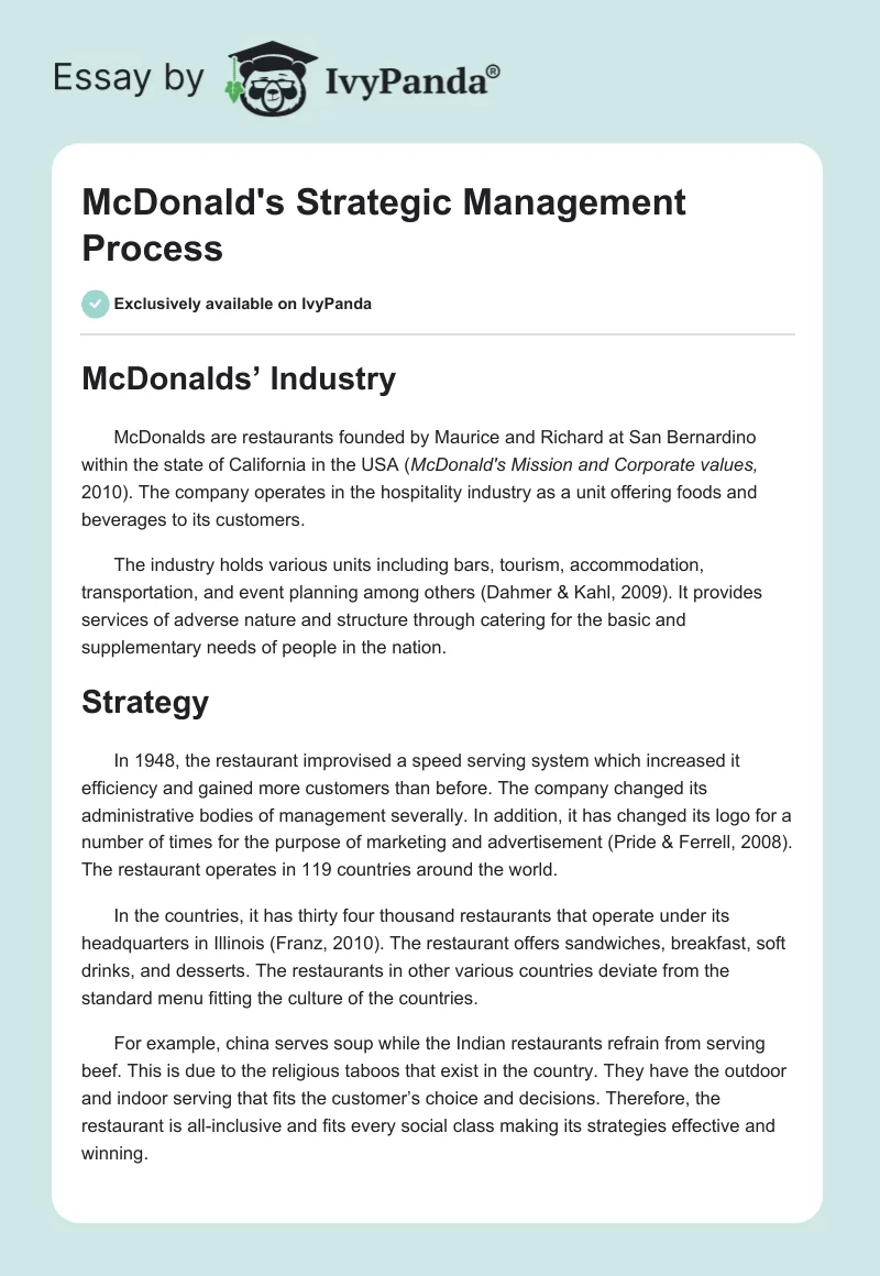 McDonald's Strategic Management Process. Page 1