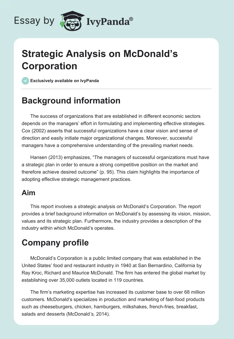 Strategic Analysis on McDonald’s Corporation. Page 1