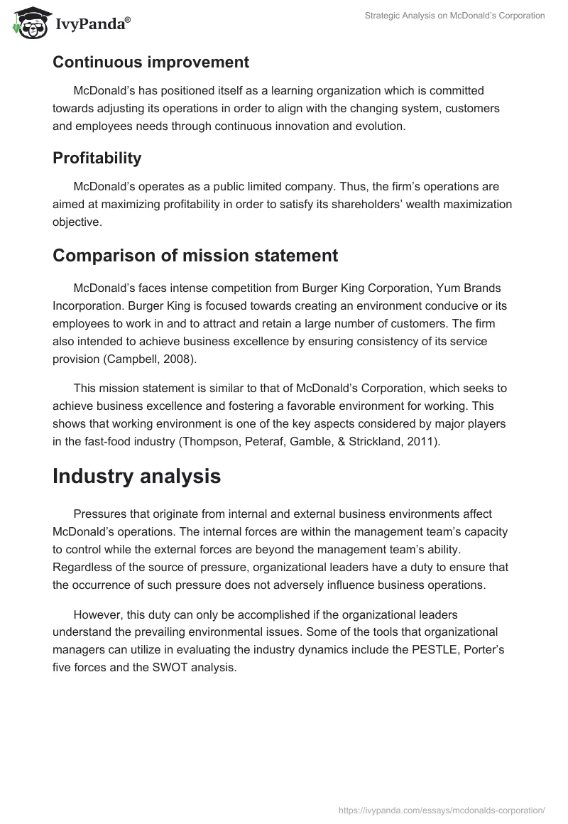 Strategic Analysis on McDonald’s Corporation. Page 4