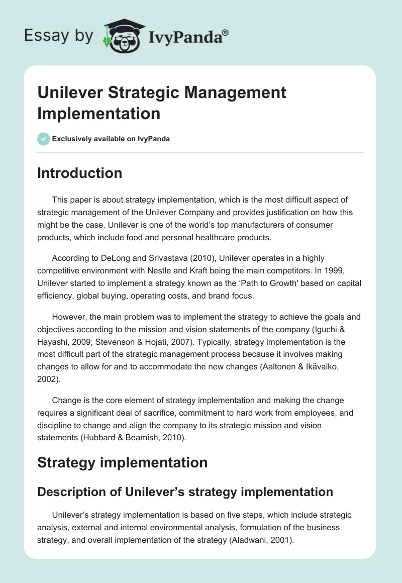 Unilever Strategic Management Implementation. Page 1