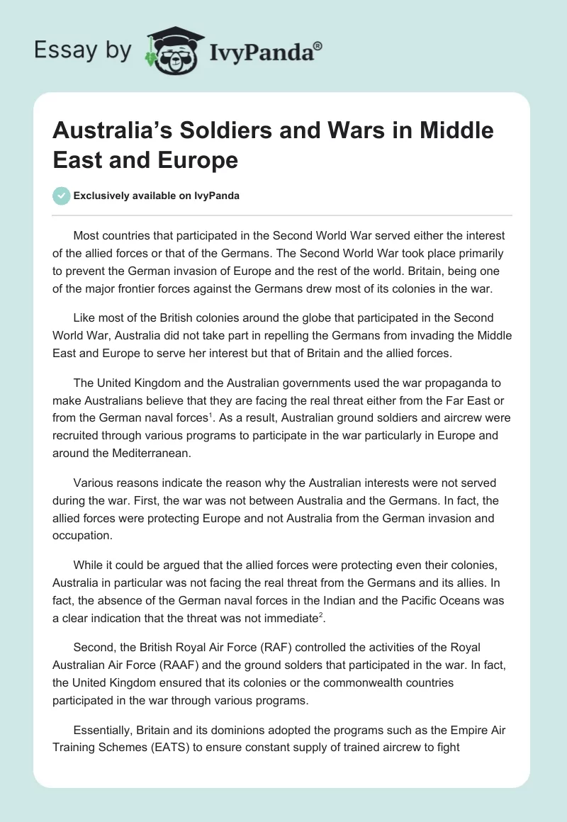 Australia’s Soldiers and Wars in Middle East and Europe. Page 1