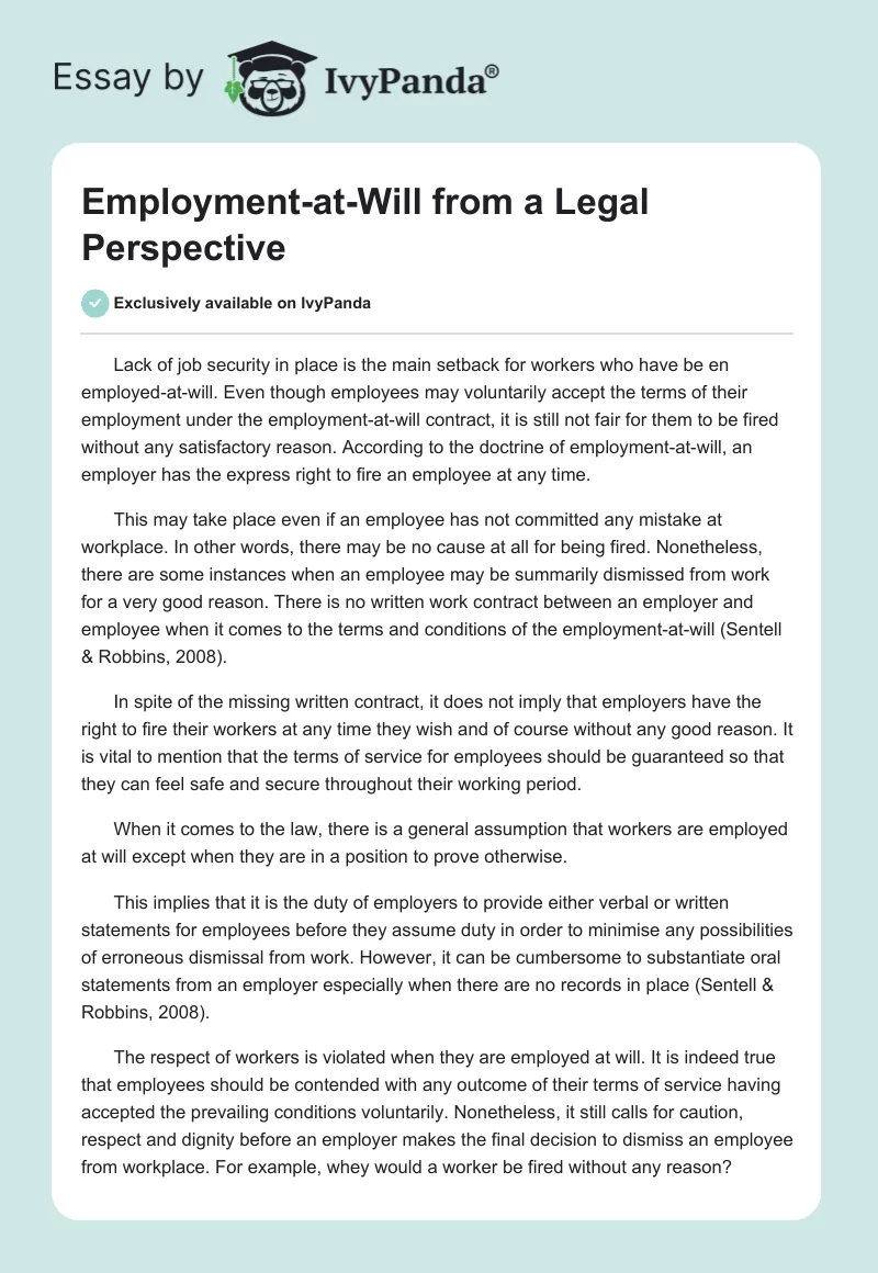 Employment-at-Will from a Legal Perspective. Page 1