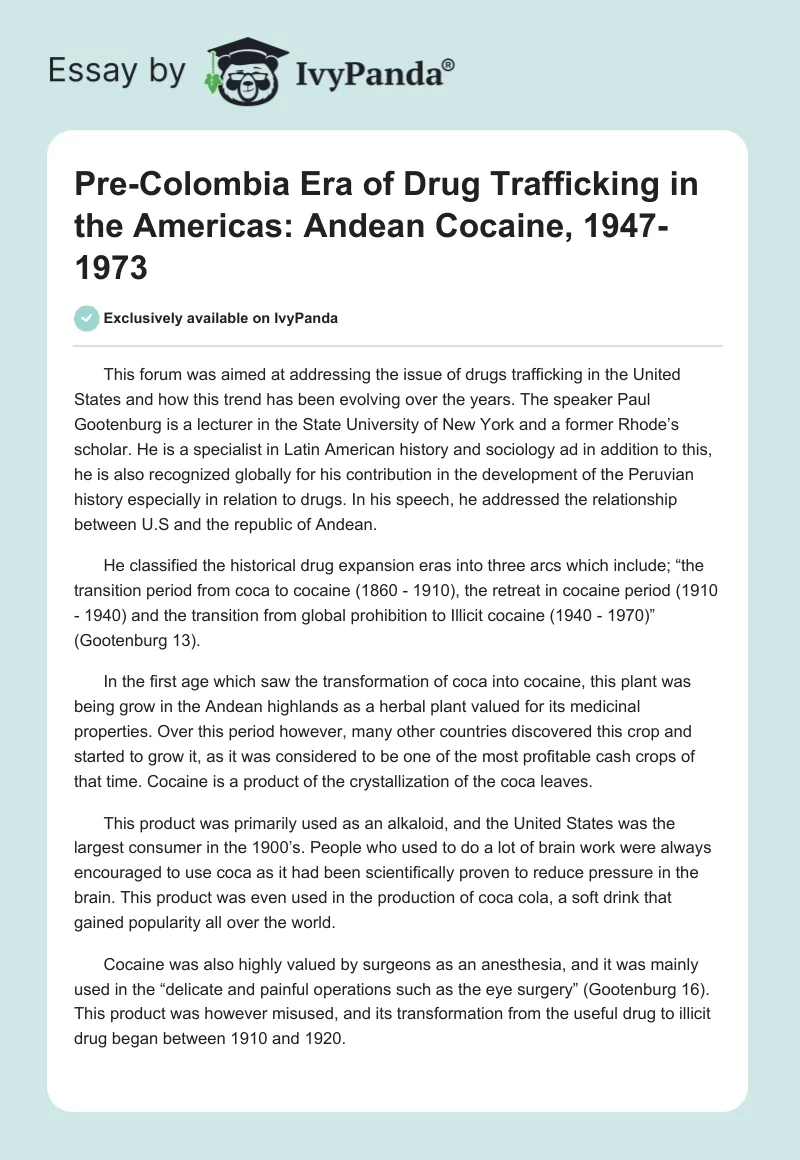 Pre-Colombia Era of Drug Trafficking in the Americas: Andean Cocaine, 1947-1973. Page 1