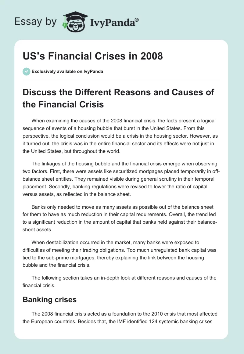 US’s Financial Crises in 2008. Page 1