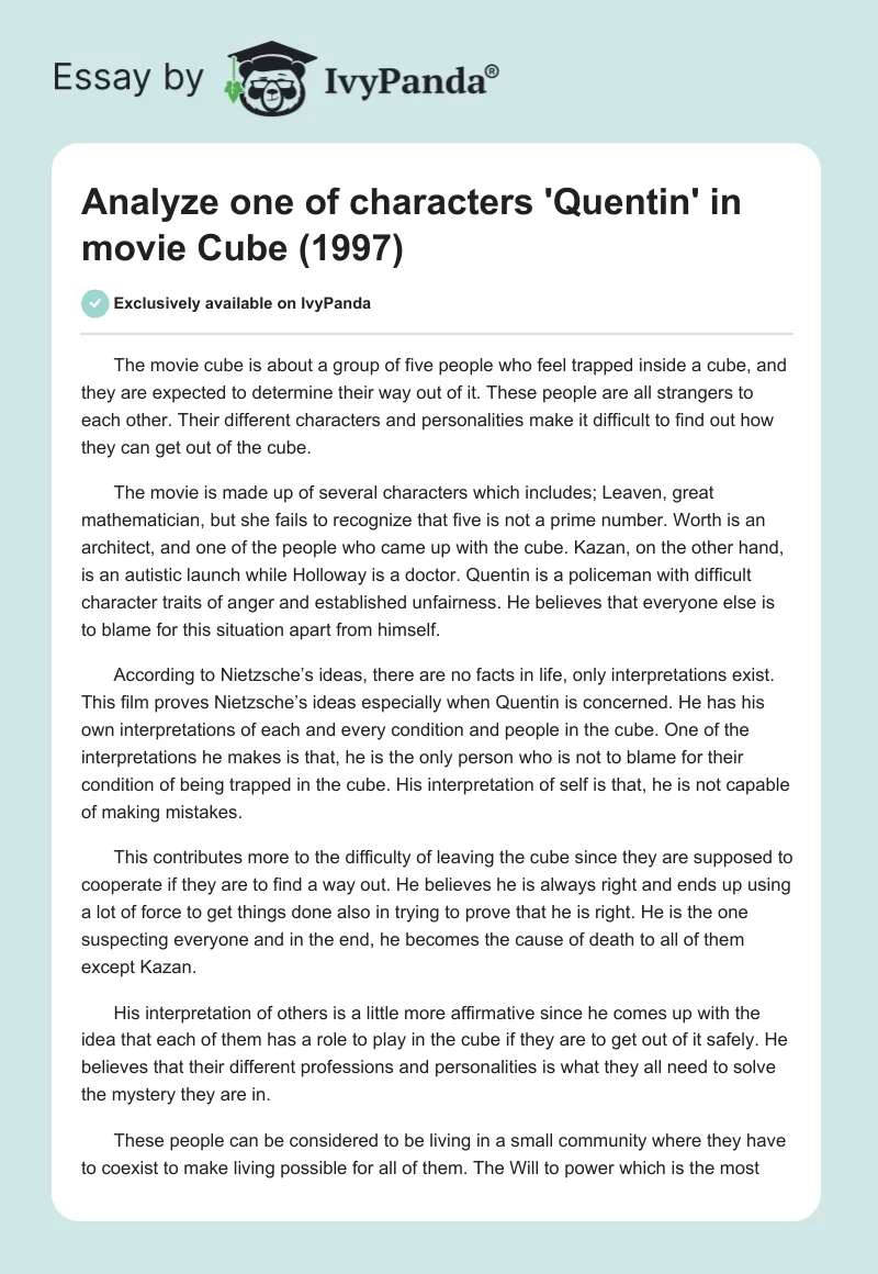 Analyze One of Characters 'Quentin' in Movie "Cube" (1997). Page 1