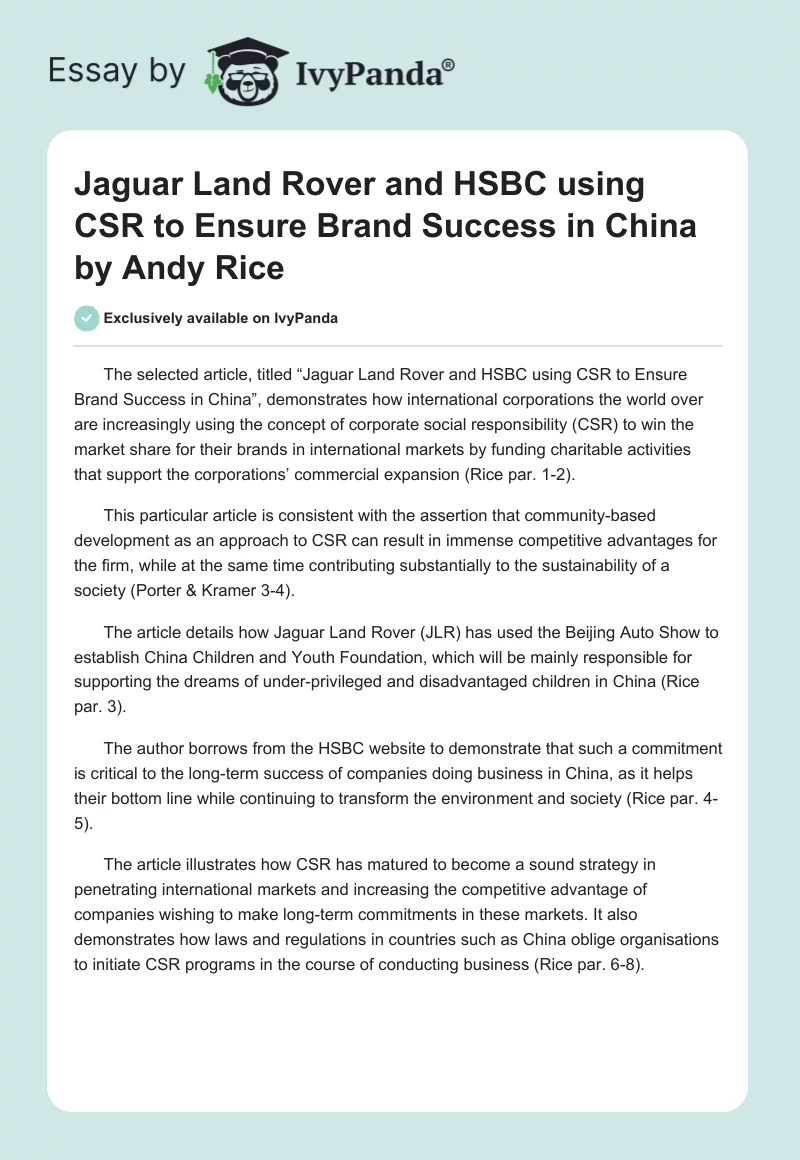 "Jaguar Land Rover and HSBC Using CSR to Ensure Brand Success in China" by Andy Rice. Page 1