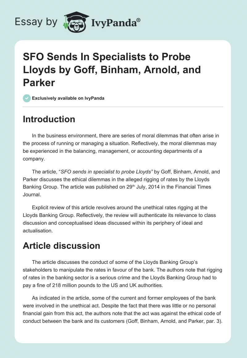 "SFO Sends In Specialists to Probe Lloyds" by Goff, Binham, Arnold, and Parker. Page 1