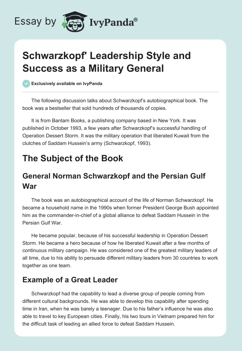 Schwarzkopf' Leadership Style and Success as a Military General. Page 1