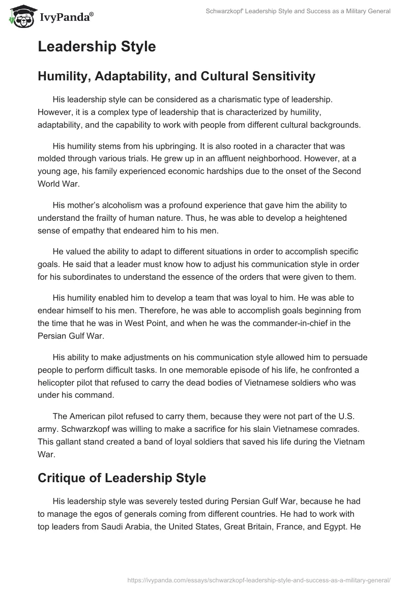 Schwarzkopf' Leadership Style and Success as a Military General. Page 2