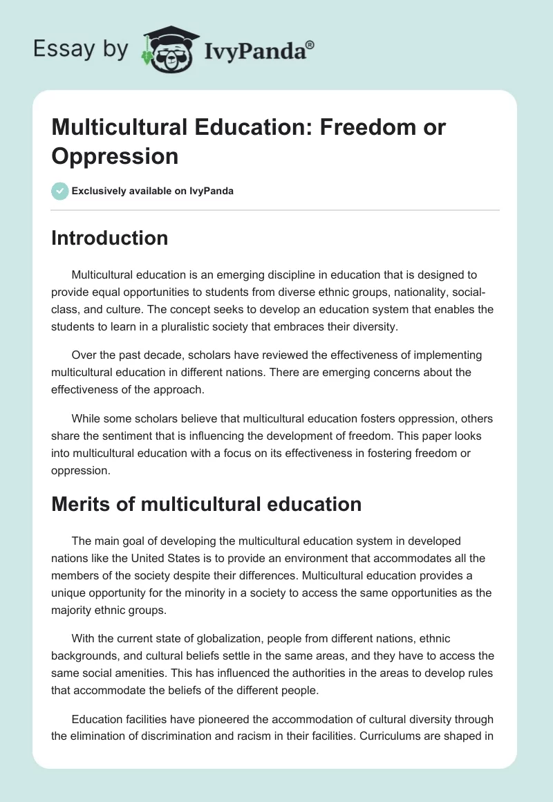 Multicultural Education: Freedom or Oppression. Page 1