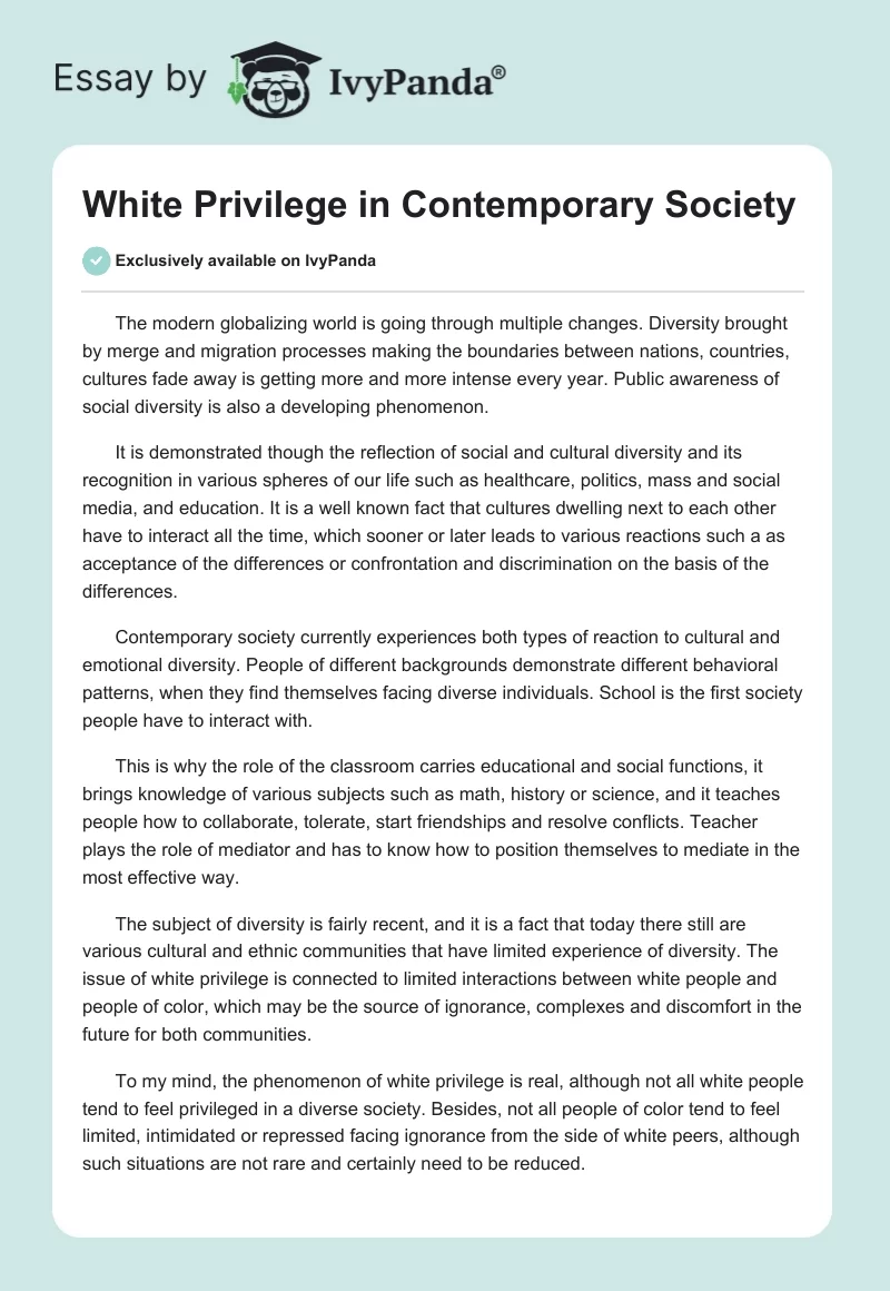 White Privilege in Contemporary Society. Page 1