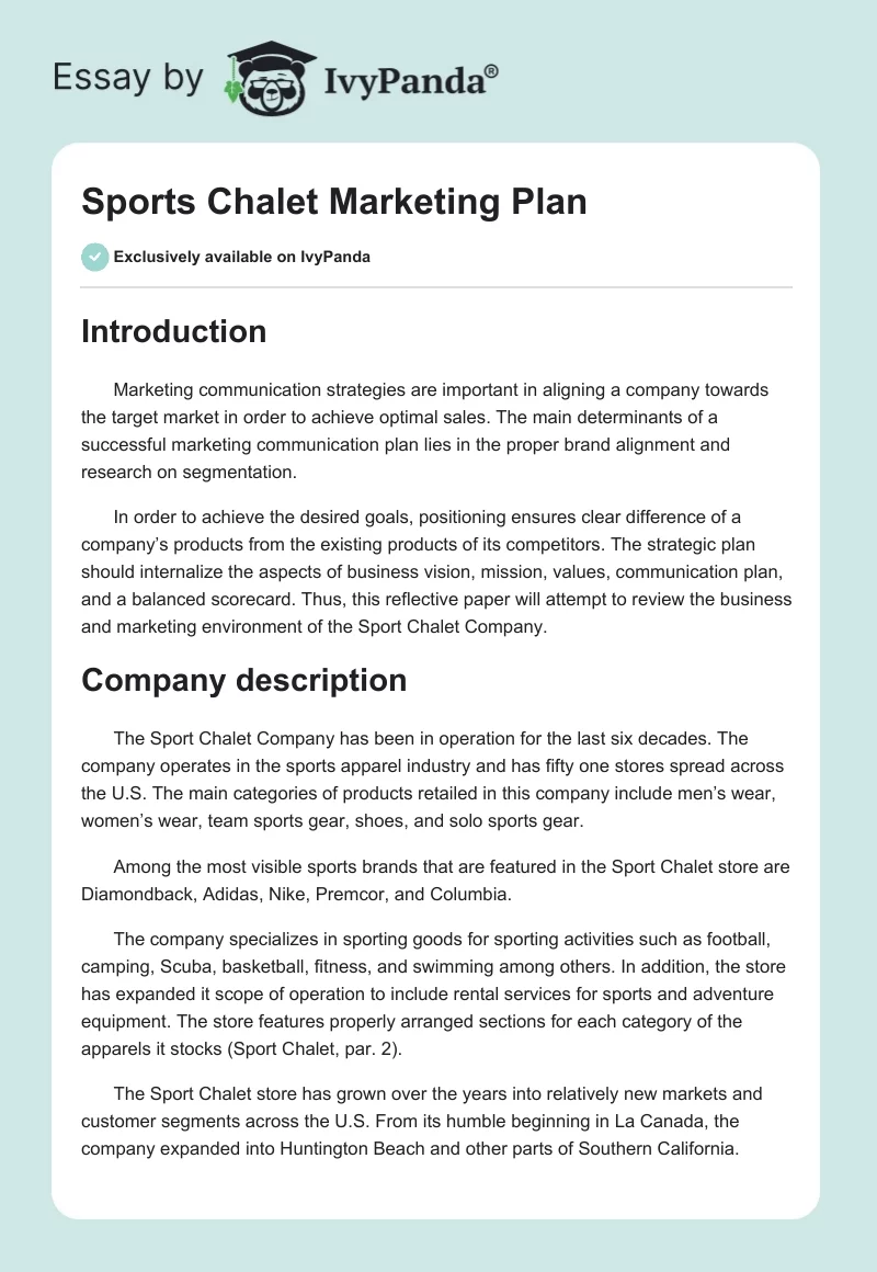 Sports Chalet Marketing Plan. Page 1