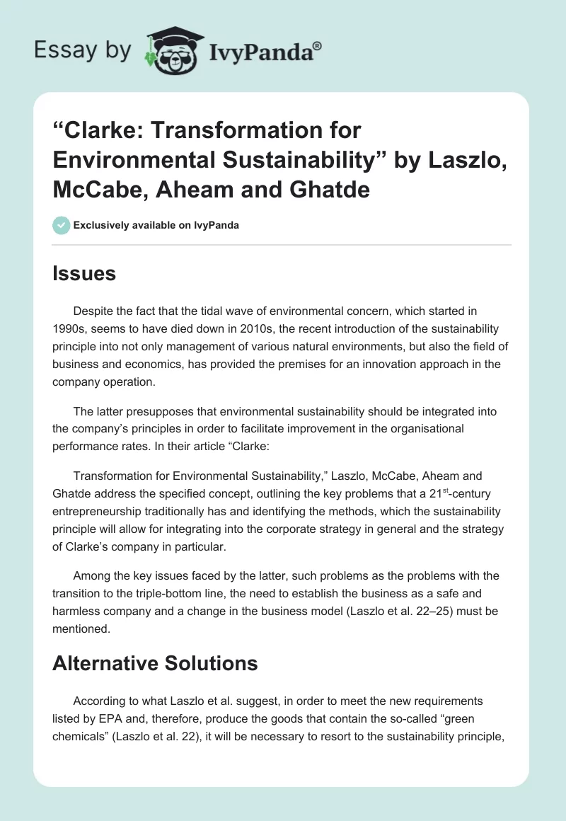 “Clarke: Transformation for Environmental Sustainability” by Laszlo, McCabe, Aheam and Ghatde. Page 1