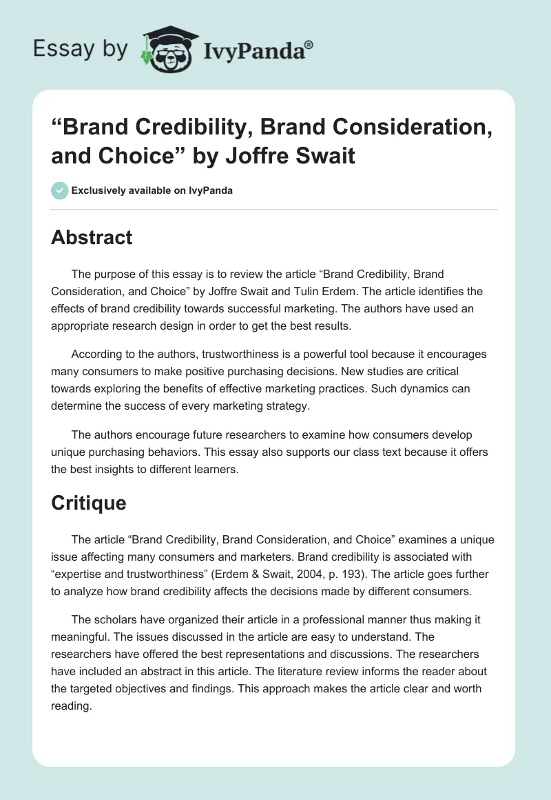 “Brand Credibility, Brand Consideration, and Choice” by Joffre Swait. Page 1