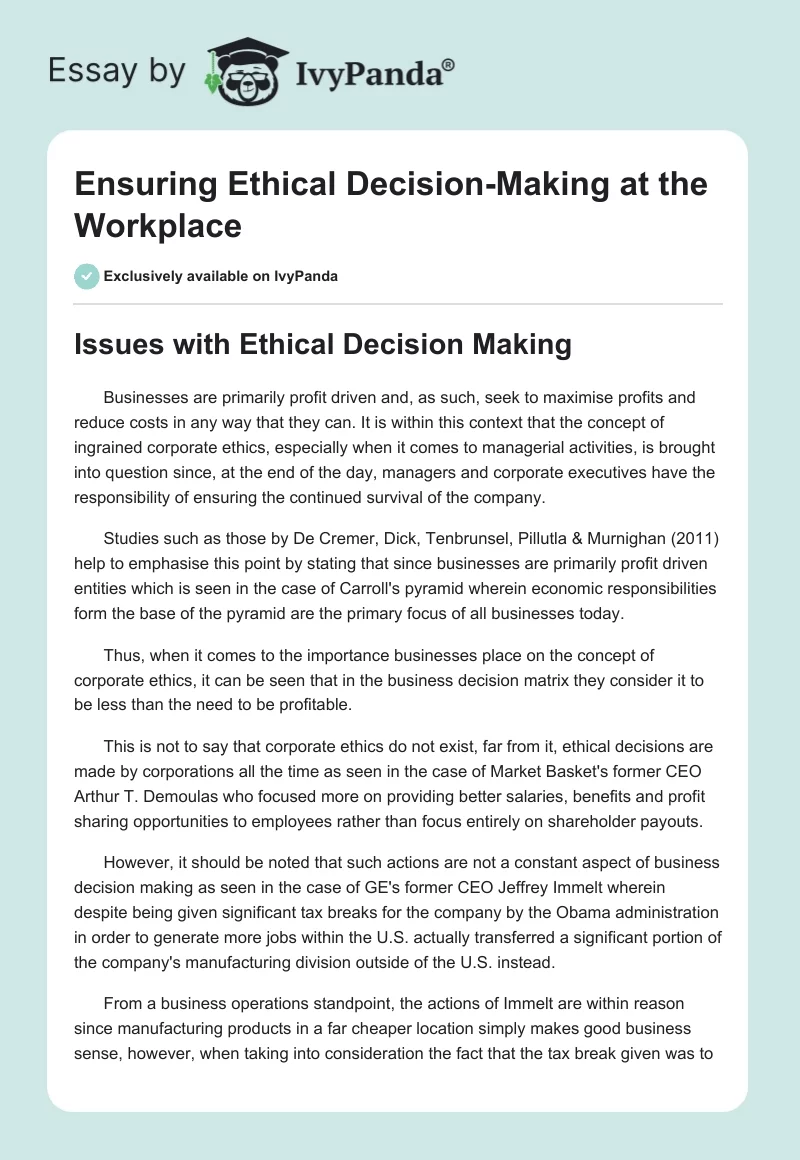 Ensuring Ethical Decision-Making at the Workplace. Page 1