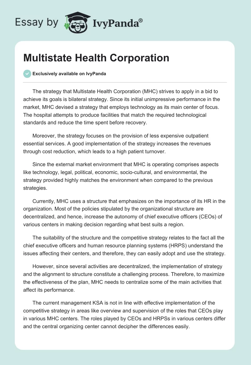 Multistate Health Corporation (MHC) Strategy Essay. Page 1