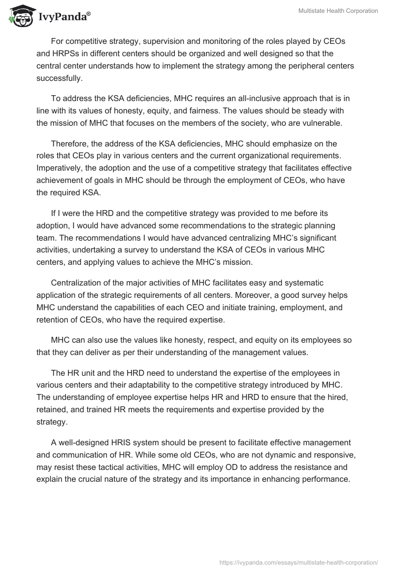 Multistate Health Corporation (MHC) Strategy Essay. Page 2