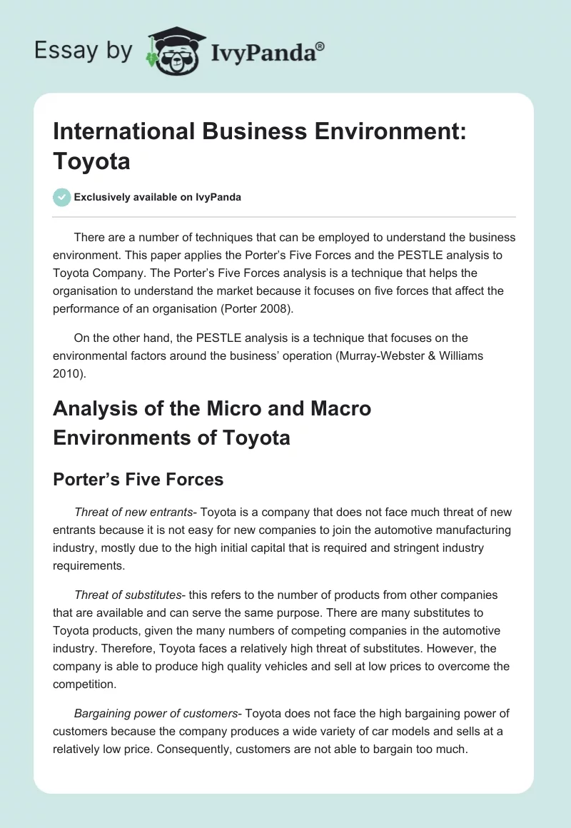 International Business Environment: Toyota. Page 1