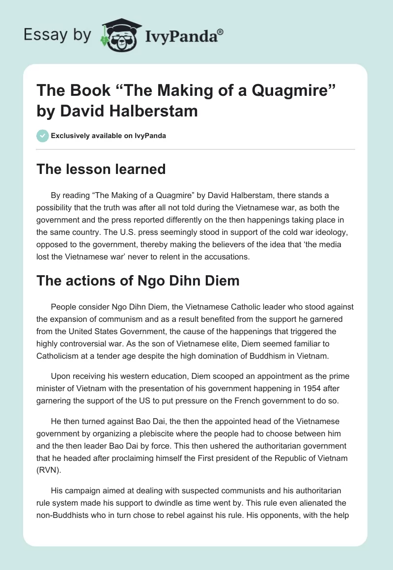 The Book “The Making of a Quagmire” by David Halberstam. Page 1