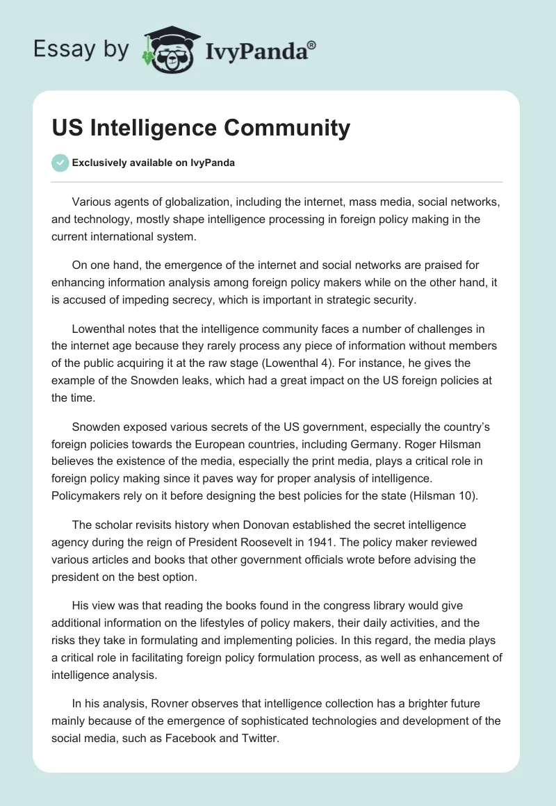 US Intelligence Community. Page 1