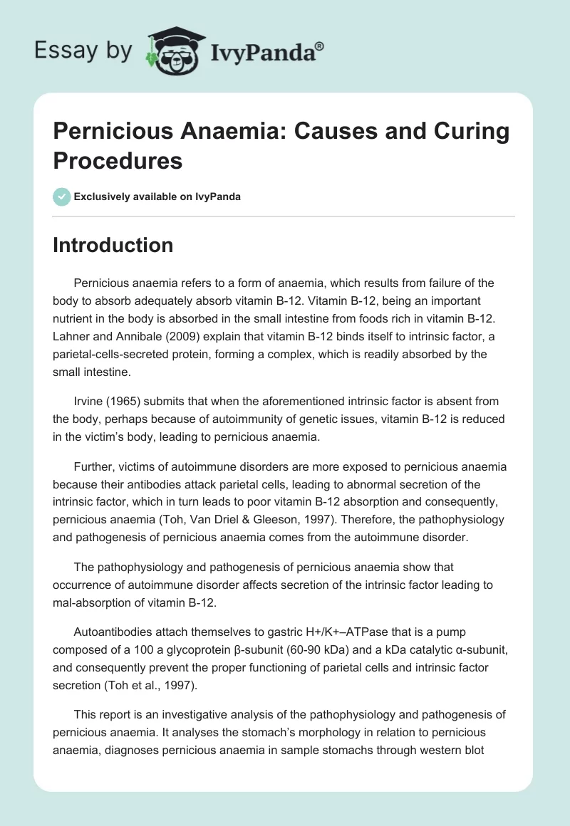 Pernicious Anaemia: Causes and Curing Procedures. Page 1