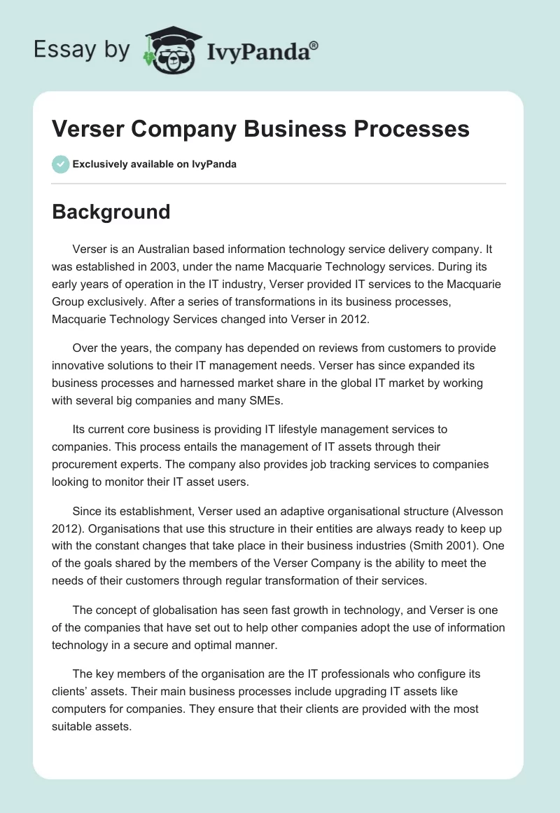 Verser Company Business Processes. Page 1