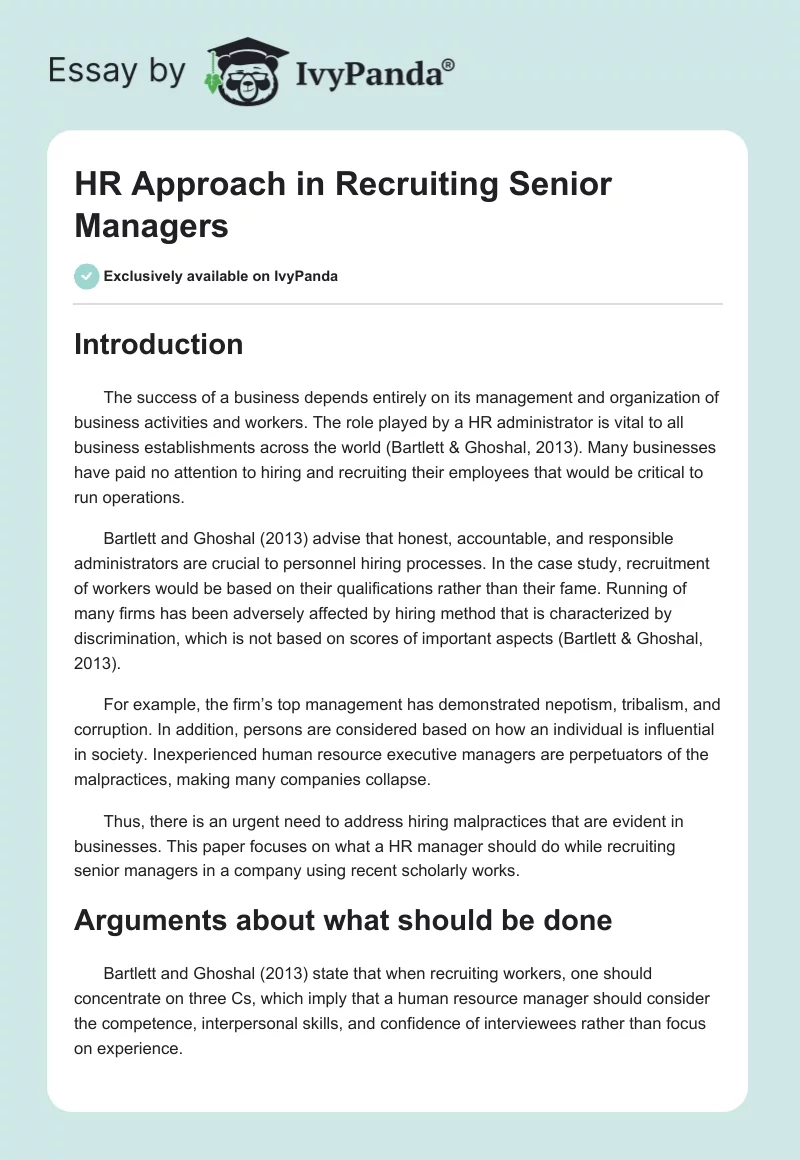 HR Approach in Recruiting Senior Managers. Page 1