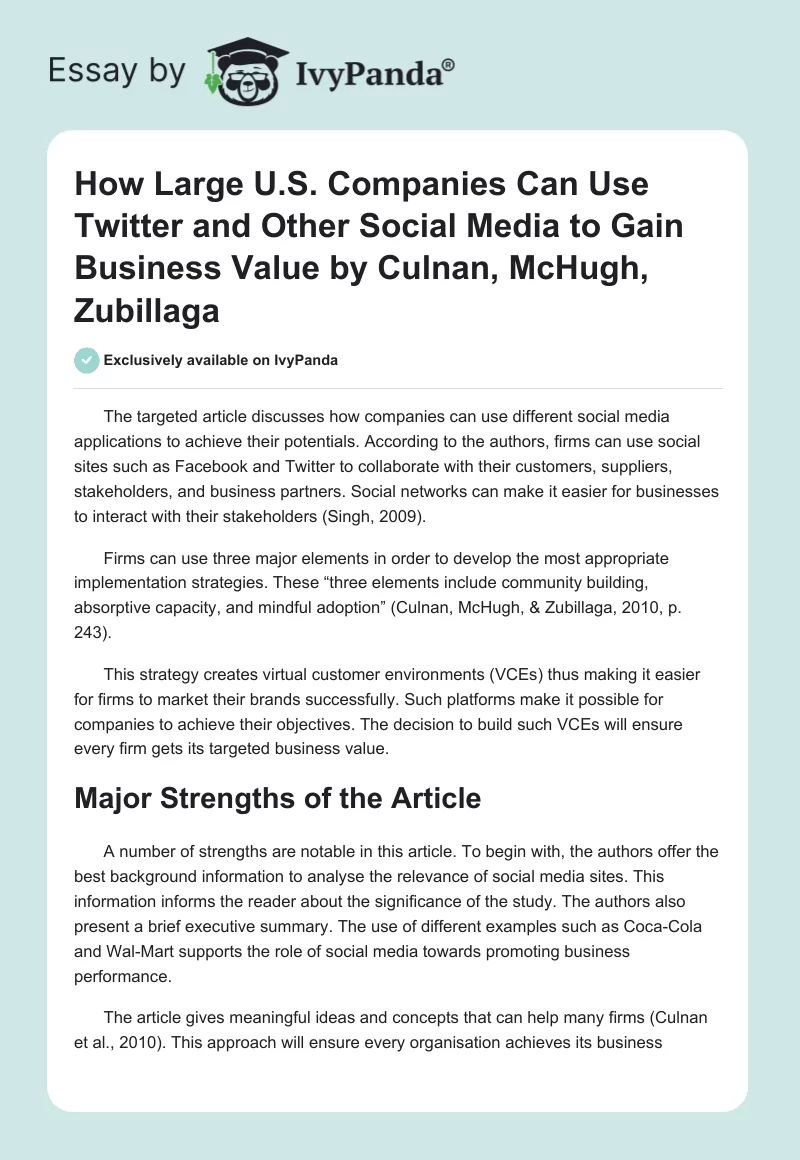 "How Large U.S. Companies Can Use Twitter and Other Social Media to Gain Business Value" by Culnan, McHugh, Zubillaga. Page 1