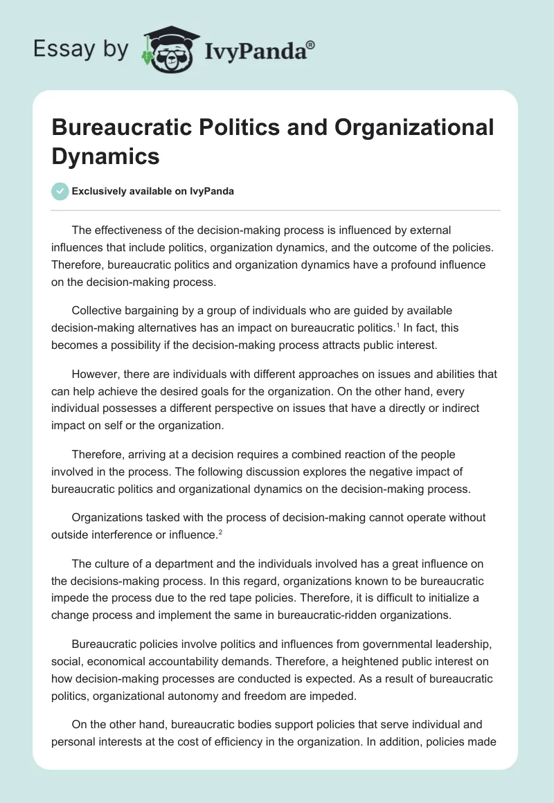 Bureaucratic Politics and Organizational Dynamics. Page 1