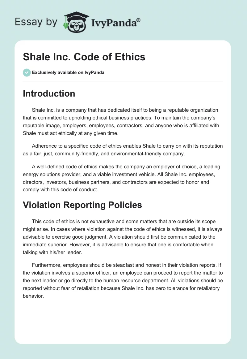 Shale Inc. Code of Ethics. Page 1