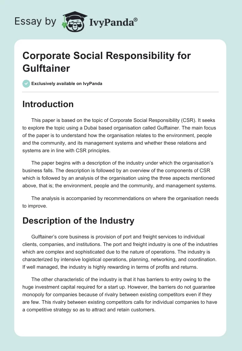 Corporate Social Responsibility for Gulftainer. Page 1