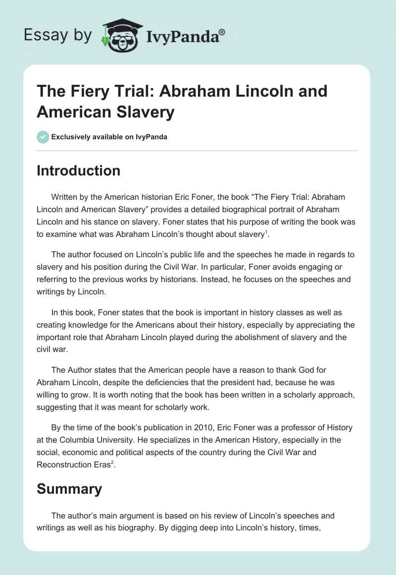 The Fiery Trial: Abraham Lincoln and American Slavery. Page 1