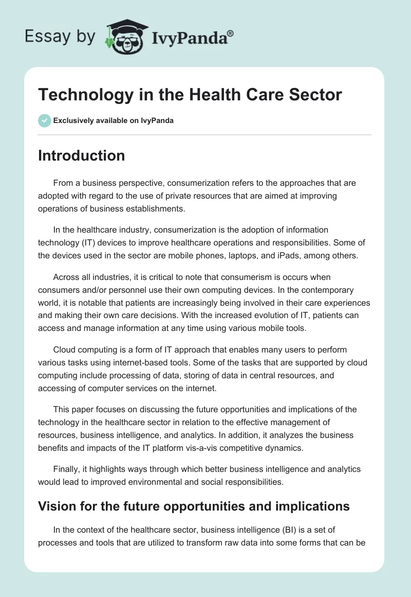 Technology in the Health Care Sector. Page 1