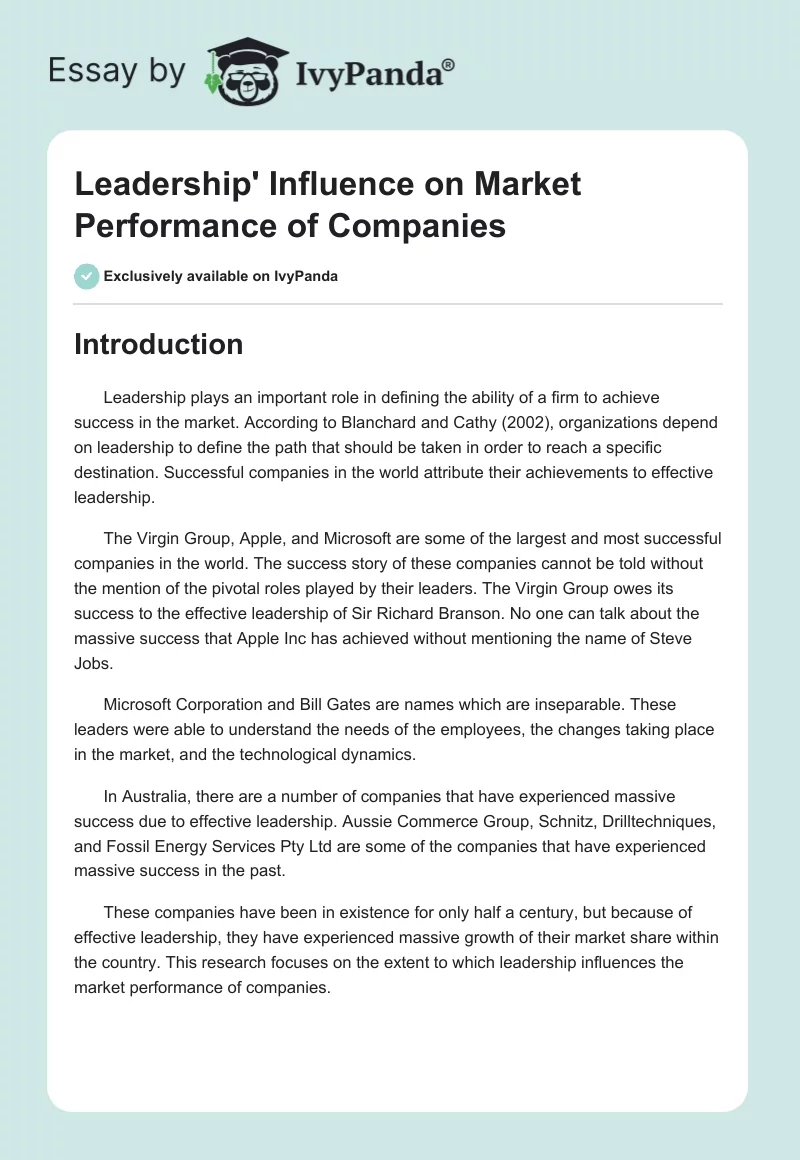 Leadership' Influence on Market Performance of Companies. Page 1