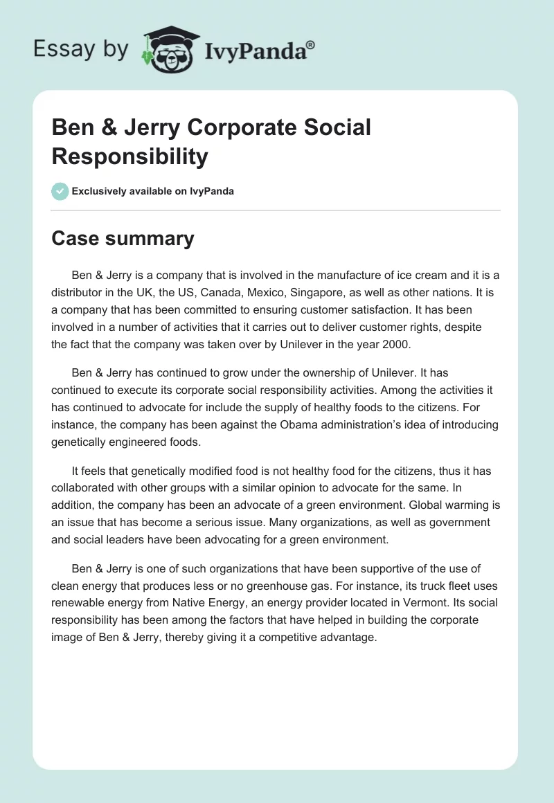 Ben & Jerry Corporate Social Responsibility. Page 1