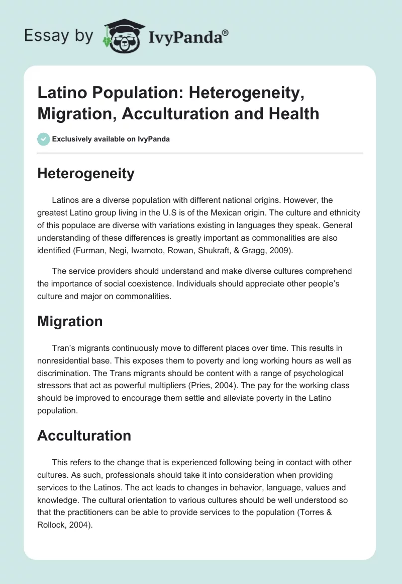 Latino Population: Heterogeneity, Migration, Acculturation and Health. Page 1