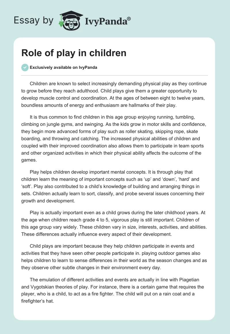 Role of play in children. Page 1