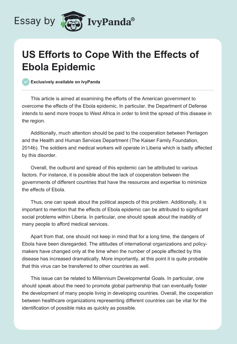 US Efforts to Cope With the Effects of Ebola Epidemic. Page 1
