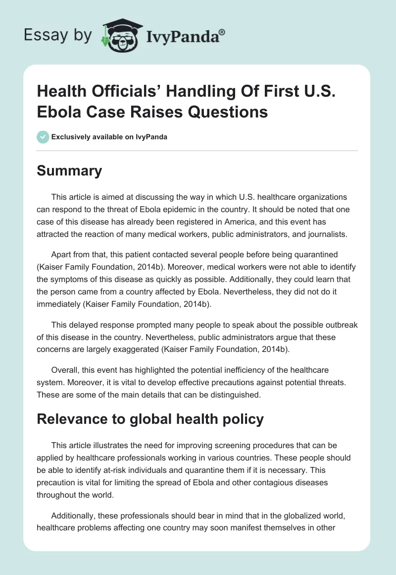 Health Officials’ Handling Of First U.S. Ebola Case Raises Questions. Page 1