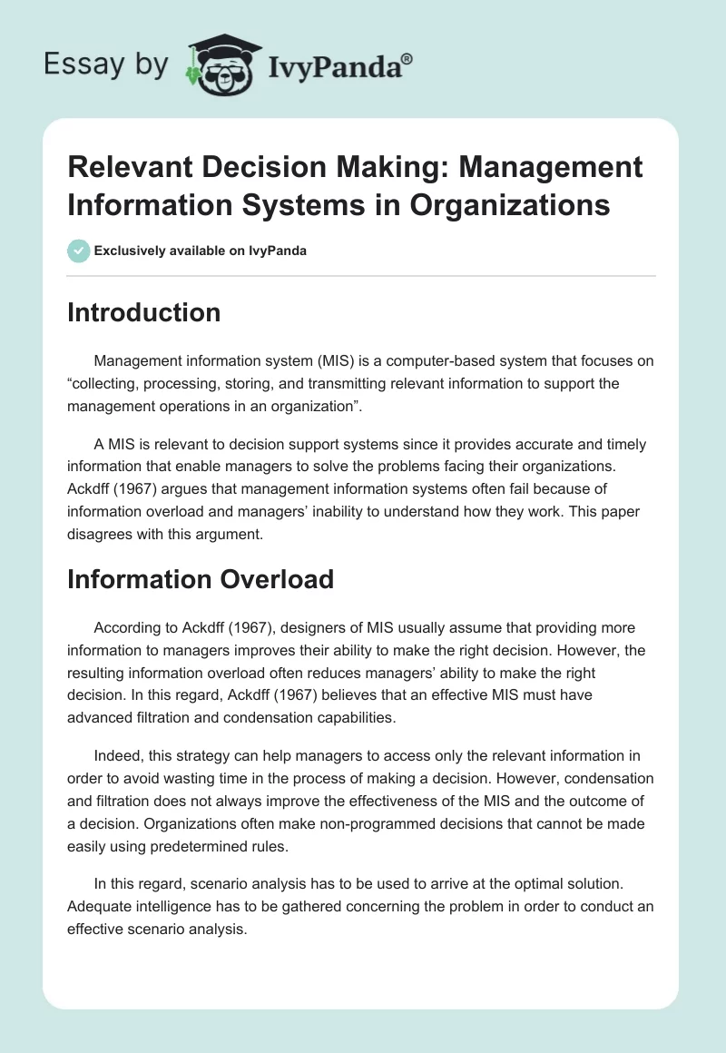 Relevant Decision Making: Management Information Systems in Organizations. Page 1