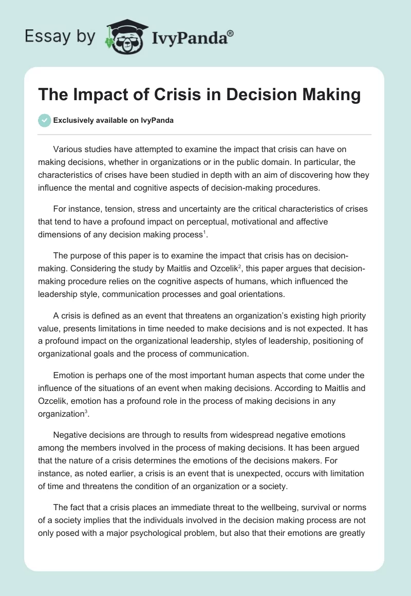 The Impact of Crisis in Decision Making. Page 1