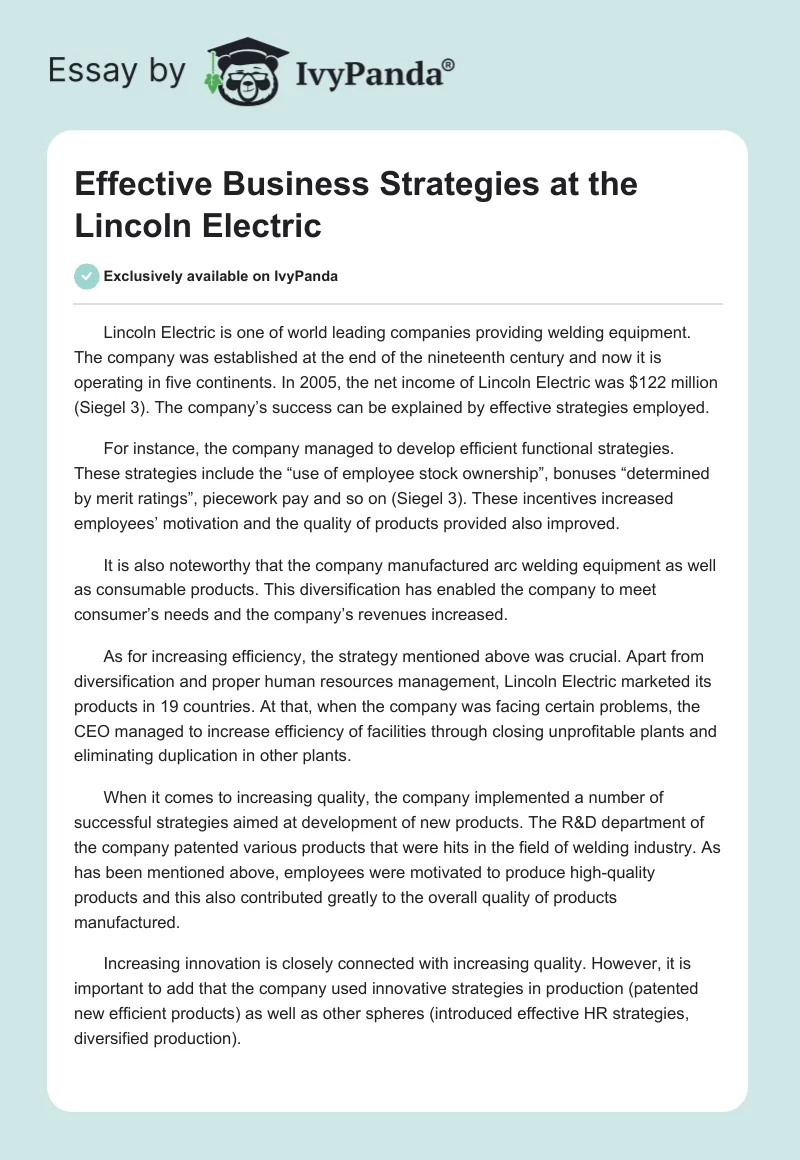 Effective Business Strategies at the Lincoln Electric. Page 1