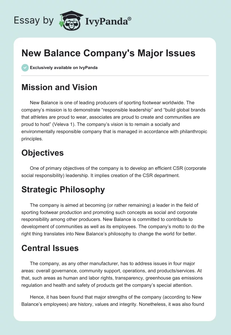 New Balance Company's Major Issues. Page 1