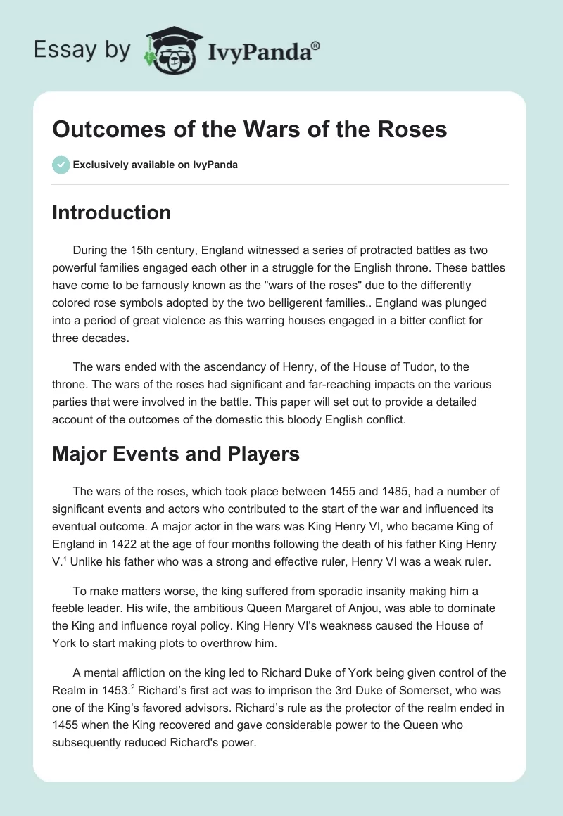 Outcomes of the Wars of the Roses. Page 1
