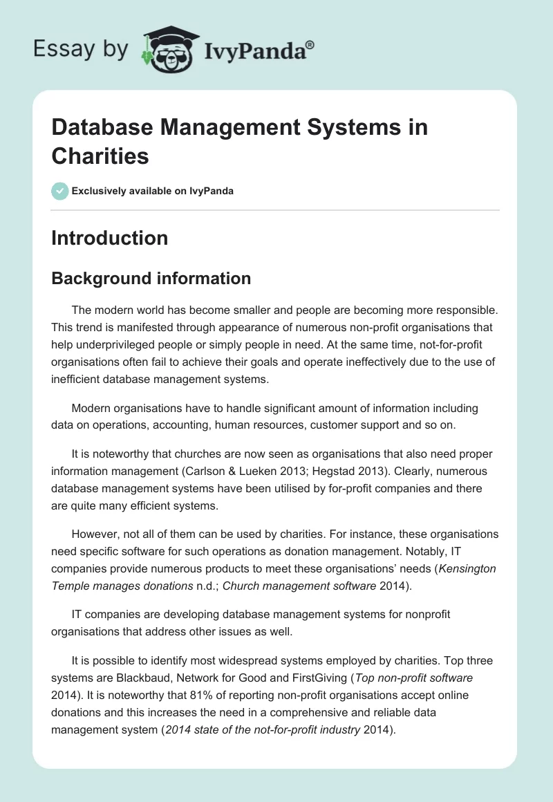 Database Management Systems in Charities. Page 1